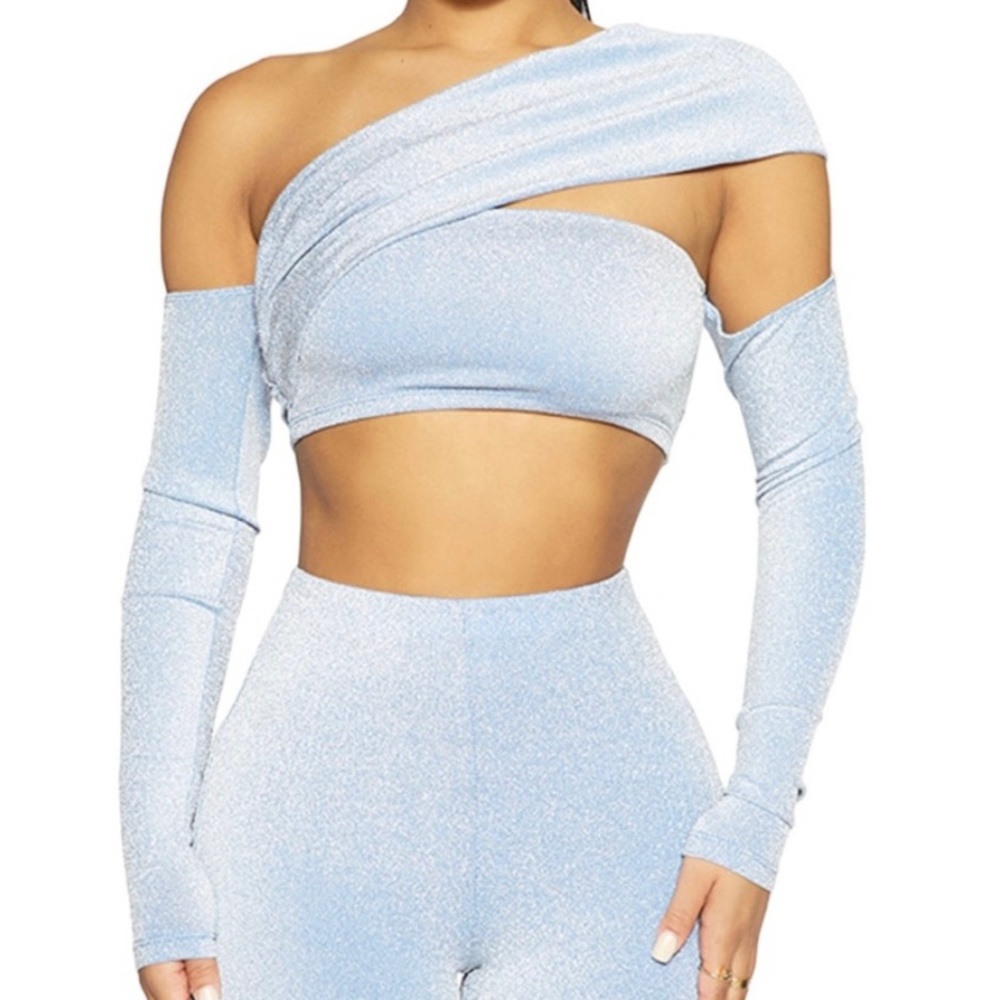 ⭐ Naked Wardrobe Blue Glow Bandeau One Side Shoulder strap Sparkly Shimmer top